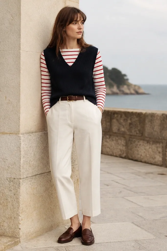A navy sweater vest over a red-and-white striped Breton shirt. The look is styled with straight cropped pants and a neat belt, giving a coastal-fall feel.