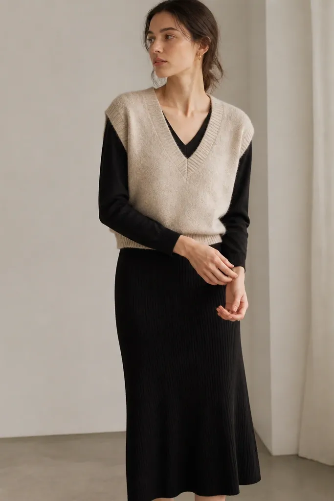 An oat-colored sweater vest over a black V-neck top, paired with a ribbed black midi skirt. The outfit is sleek, with a soft knit texture and a long, flowing silhouette.