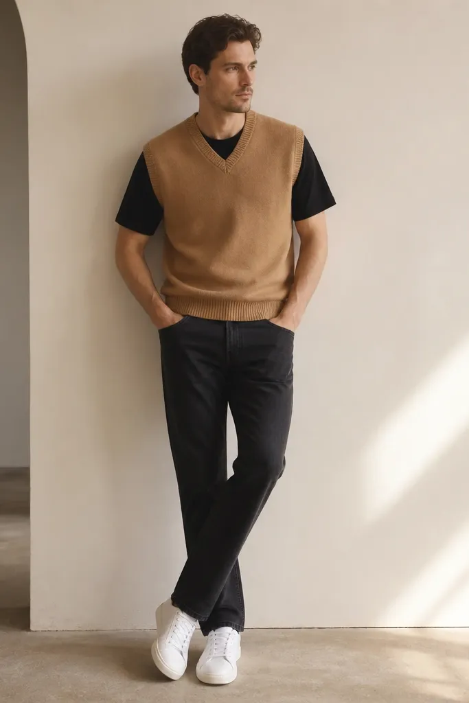 A camel sweater vest worn over a simple black crew T-shirt. The outfit is paired with clean white sneakers and dark straight jeans, styled in a minimalist way.