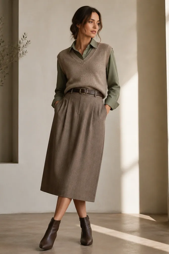 A taupe sweater vest layered over a sage button-down with the collar visible. The outfit includes a belted skirt in a coordinating neutral tone and ankle boots.