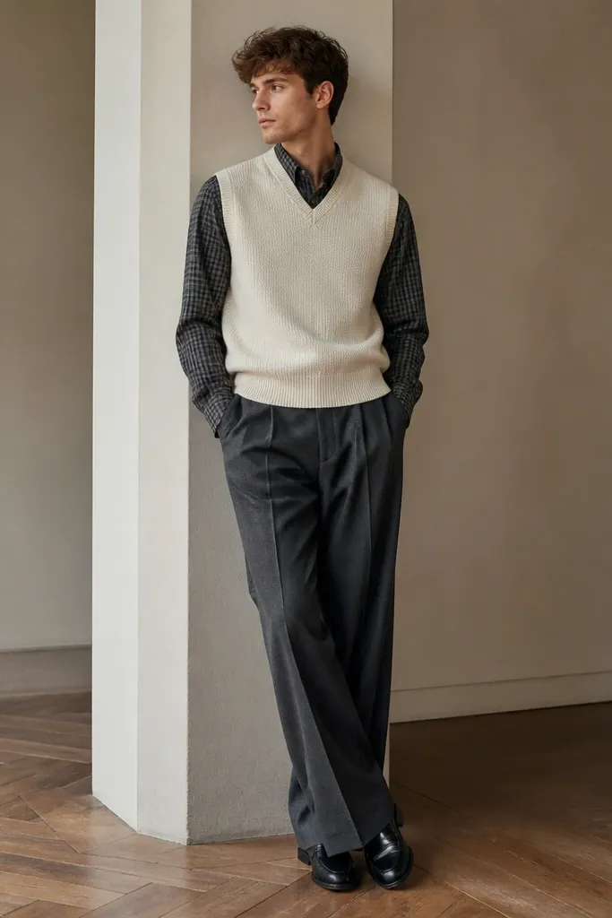 An ivory sweater vest over a monochrome check shirt (black/gray tones). The outfit features tailored wide-leg trousers and loafers, with a clean, high-fashion silhouette.