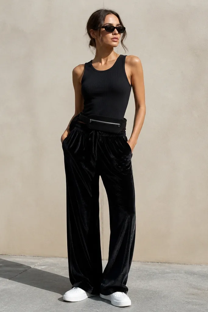 Black velour track pants with a subtle sheen, a fitted ribbed black tank, and small reflective black sunglasses. A thin belt bag sits at the waist, and white low-top sneakers peek from the hem.