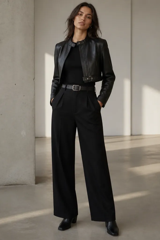 A black faux leather cropped jacket with a small belt detail at the waist, styled over a black fitted tee. Wide-leg black pants fall straight to the top of black boots, with a silver buckle belt and minimal jewelry.