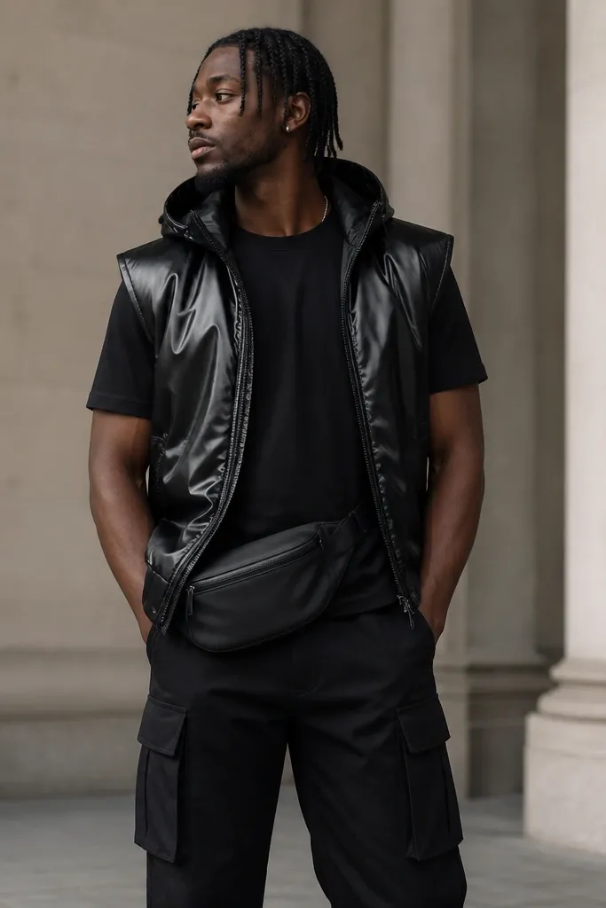 A black graphic tee (small chest logo) layered under a black satin hooded vest. The vest has a glossy finish and a subtle sheen, paired with black cargo pants and a belt bag.