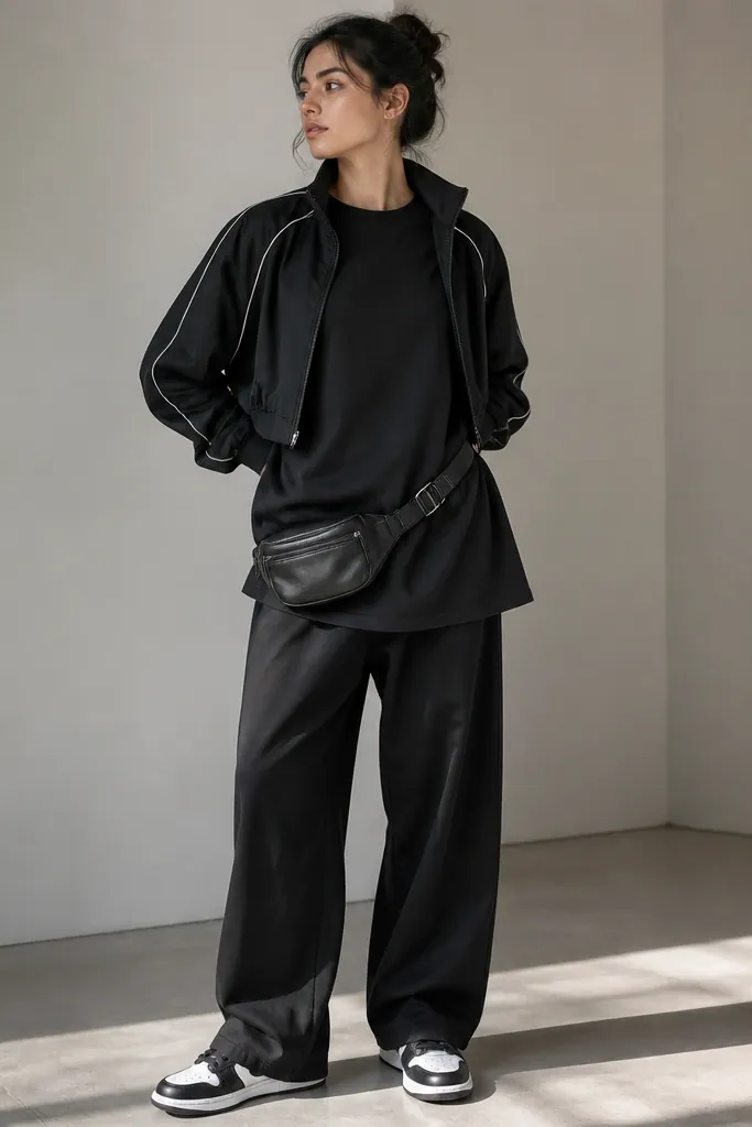 An oversized black graphic tee, layered with a cropped black track jacket (with contrast piping). A belt bag is worn low on the hips, and the shoes are black-and-white low-top sneakers.