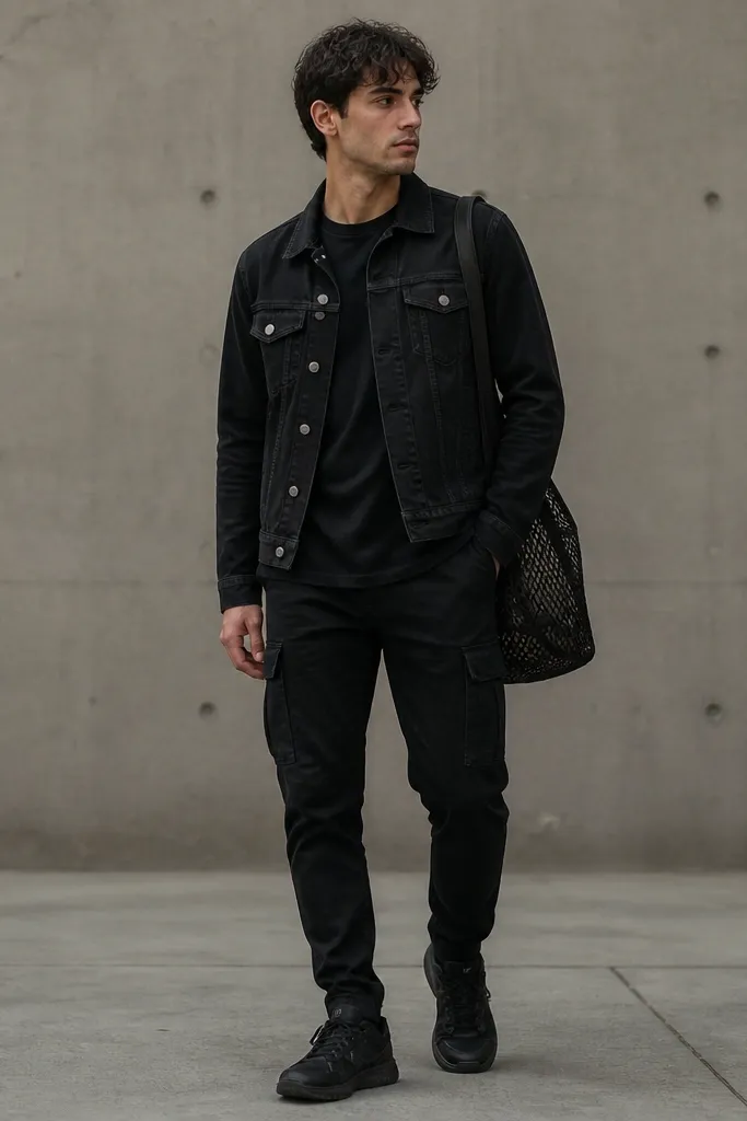 A black denim trucker jacket with silver buttons, worn over a black tee. A mesh shoulder bag sits on the side, paired with slim black cargo pants and black sneakers.