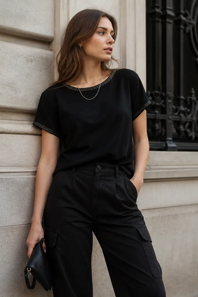 A black top with a subtle sequin edge around the neckline and sleeves, paired with matte black cargo pants. Accessories include a thin silver chain and a black clutch or small crossbody.