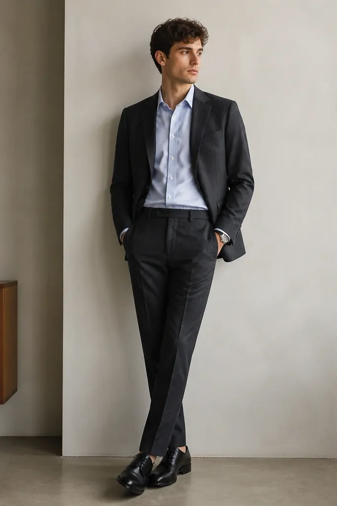 Charcoal trousers paired with a charcoal tailored jacket, plus a light blue button-down shirt; the look is finished with black derby shoes and a minimal watch.