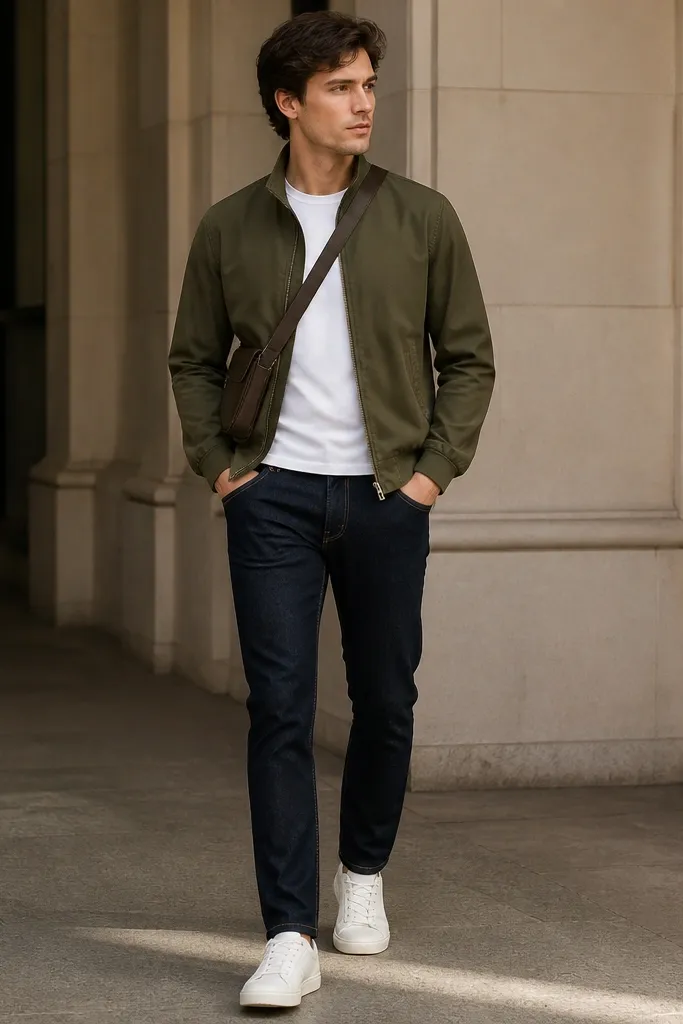 An olive green Harrington jacket over a fitted white crew-neck tee, with dark indigo jeans and white low-top sneakers; a crossbody bag sits across the chest.