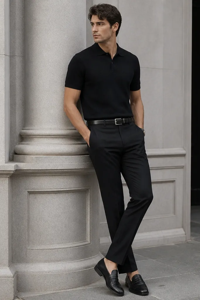 A black knit polo shirt with a neat collar, paired with black or deep charcoal slim trousers; finished with black leather loafers and a belt.