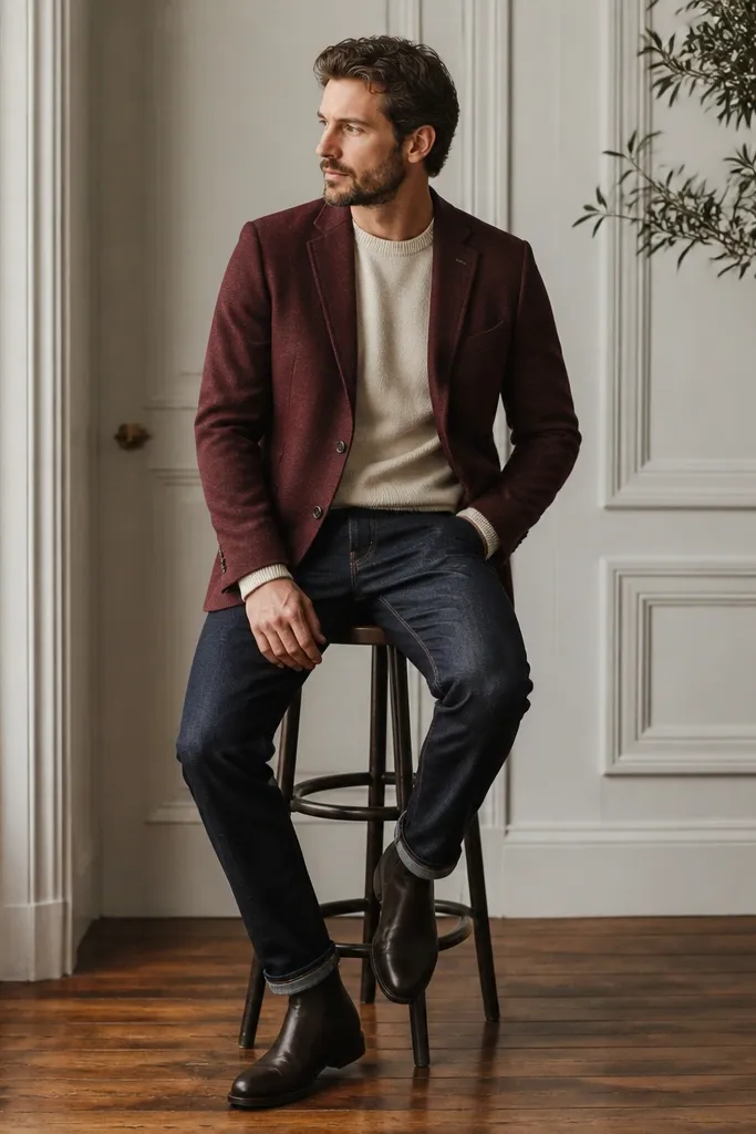 A burgundy sport coat layered over a cream crewneck sweater, with dark, clean denim jeans and dark brown leather boots.