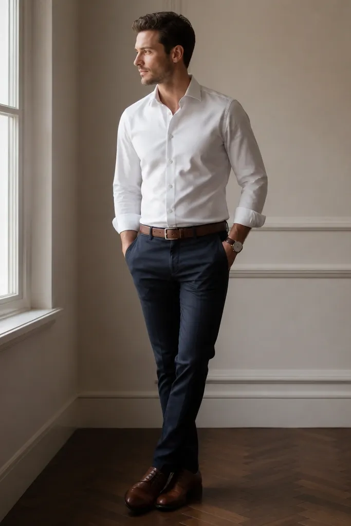A white dress shirt tucked into navy chinos, with a brown leather lace-up oxford shoe and a matching belt; a simple wristwatch is visible.