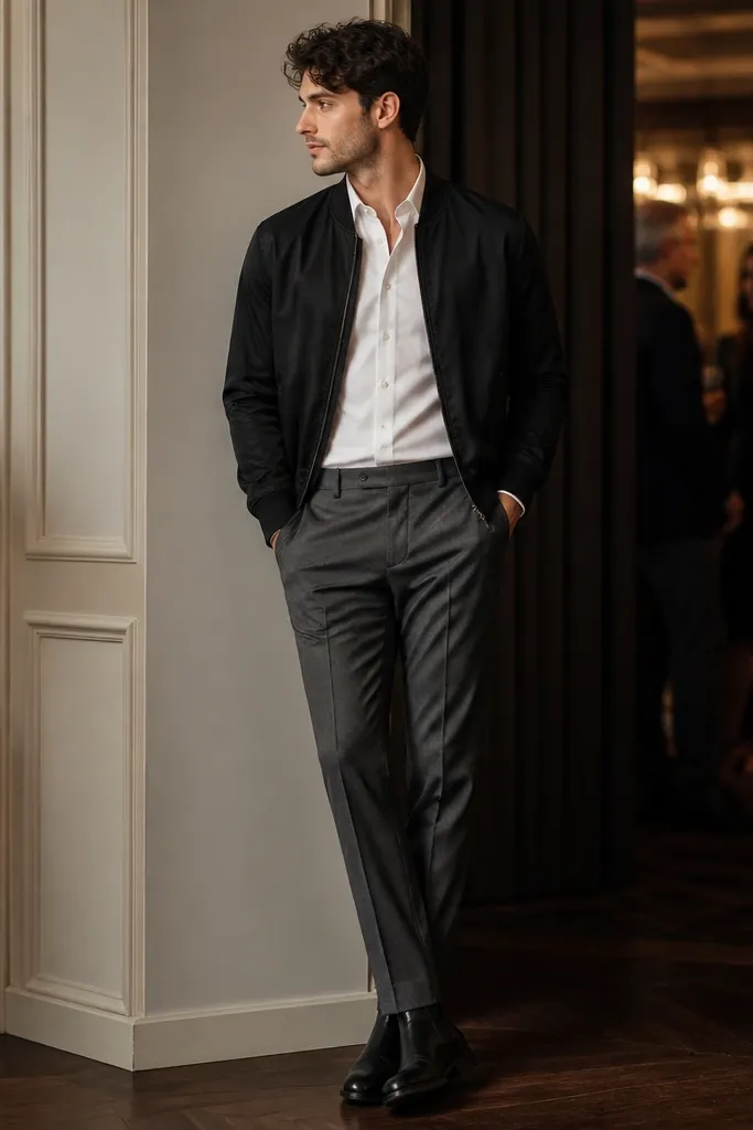 A black bomber jacket layered over a white dress shirt, with grey tailored trousers and black Chelsea boots; the lighting looks like evening indoor event.
