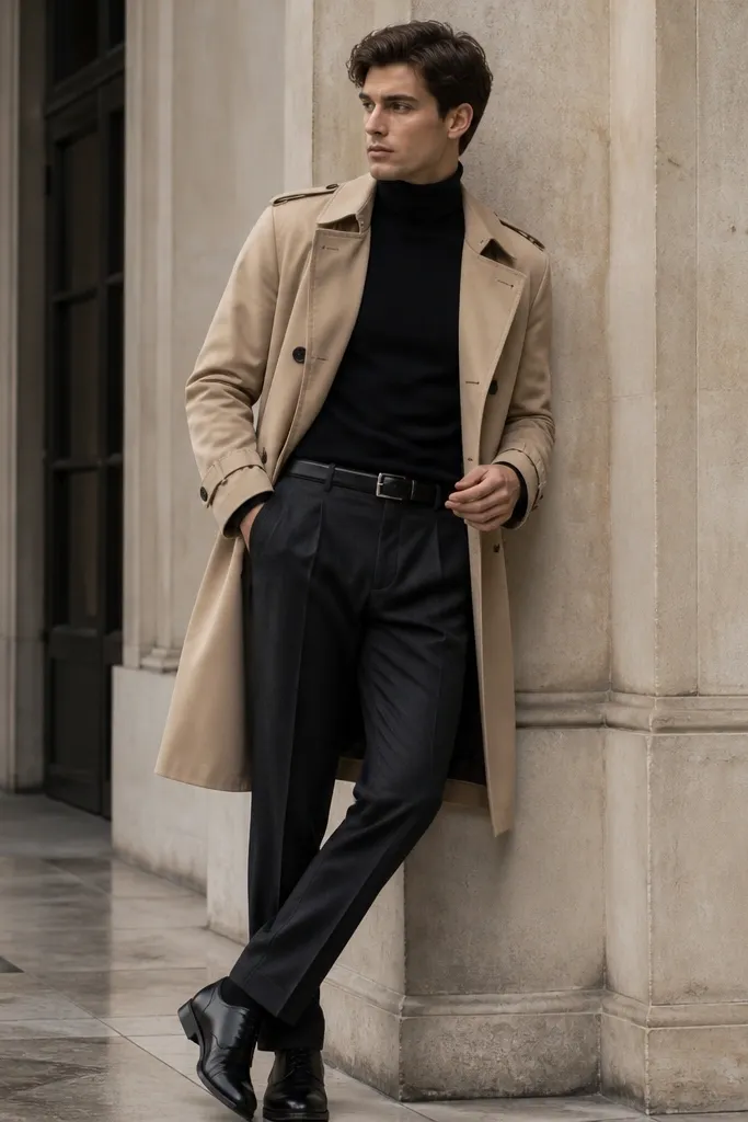 A tan trench coat over a black turtleneck, paired with dark charcoal slacks; black leather shoes and a slim belt are visible.