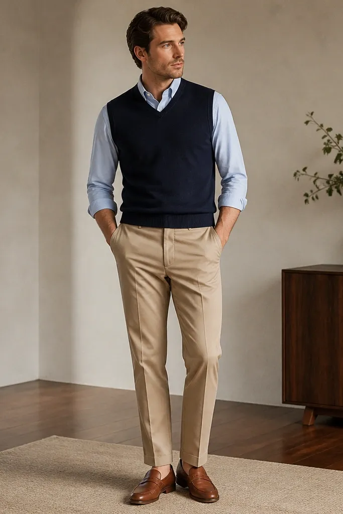 A navy sweater vest layered over a light blue dress shirt, tucked into khaki chinos; completed with brown leather loafers.