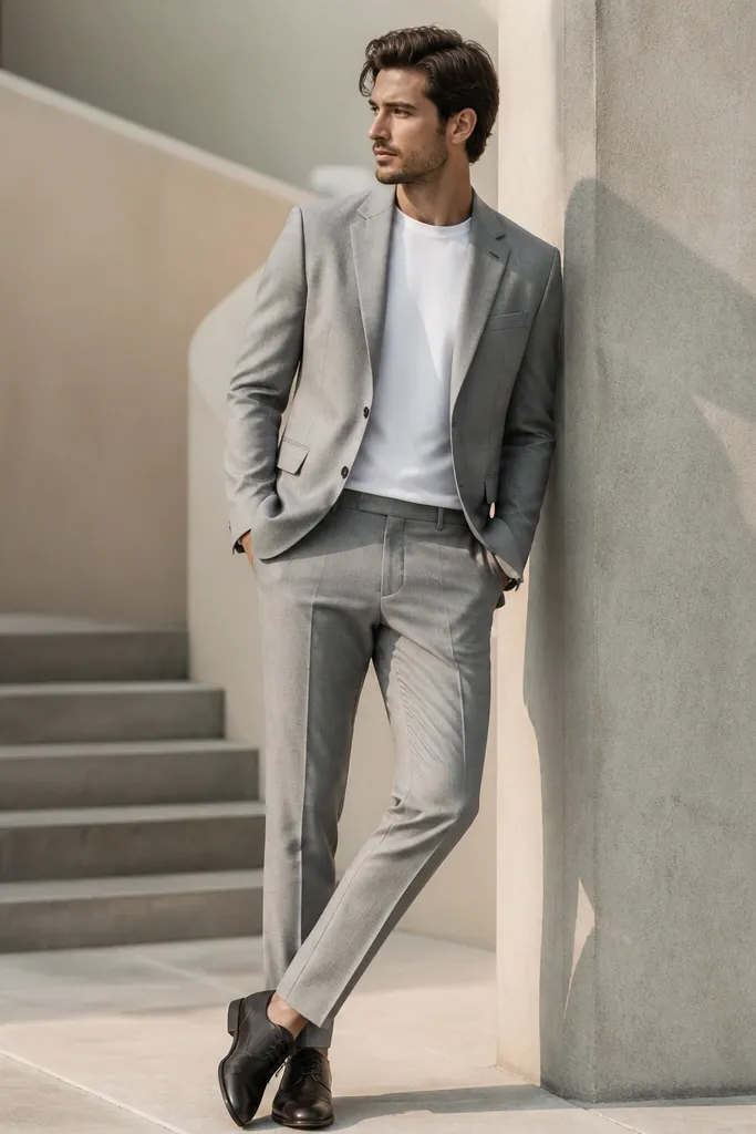 A light grey blazer with matching trousers over a simple white crew-neck tee; white sneakers are replaced with minimal leather sneakers or low-profile dress shoes.