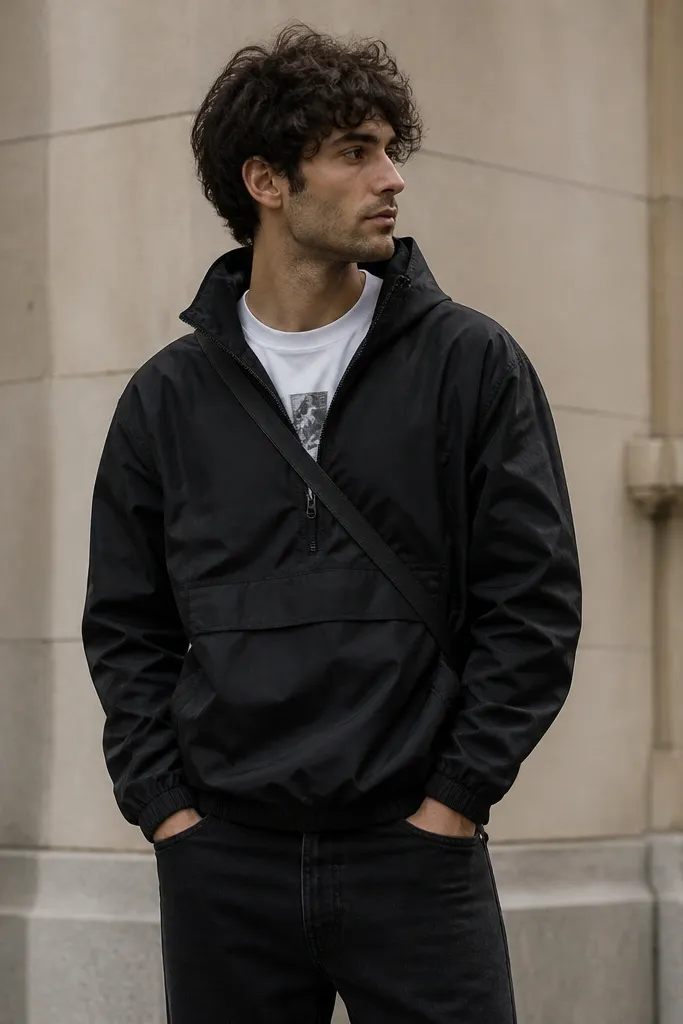 A man wearing a half-zip windbreaker in matte black with a slight sheen, a visible small chest graphic on a white tee underneath, and straight black jeans, with a crossbody bag strap across the torso.