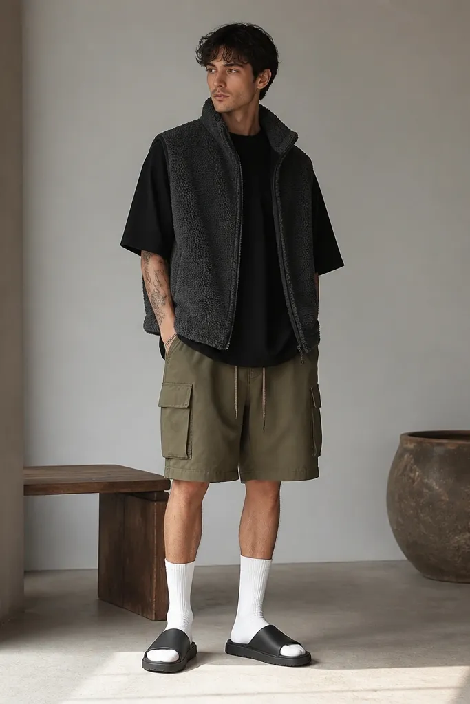 A man in an oversized black tee, a longline fleece vest in dark gray with a high collar, and olive cargo shorts with drawstring waist, finished with white crew socks and black platform slides.