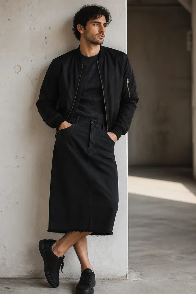 A man wearing a tailored black denim skirt with a clean seam and subtle distressing at the hem, paired with a fitted long-sleeve ribbed top in charcoal and a cropped bomber jacket, with black sneakers.