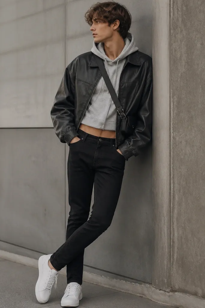 A man wearing a cropped gray hoodie, a washed black leather-look jacket with a slightly matte finish, and slim black jeans, plus white low-top sneakers and a small crossbody bag.