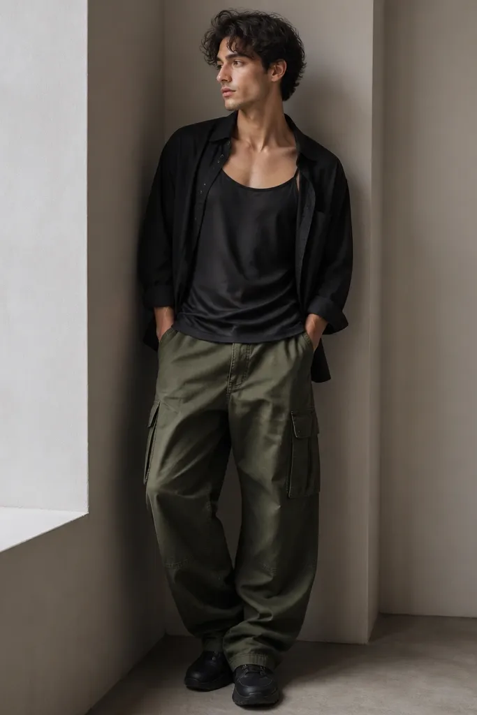 A man layered in a matte black satin mini-cami under an open dark overshirt, with olive cargo pants and chunky black sneakers; the satin edge peeks at the hemline.