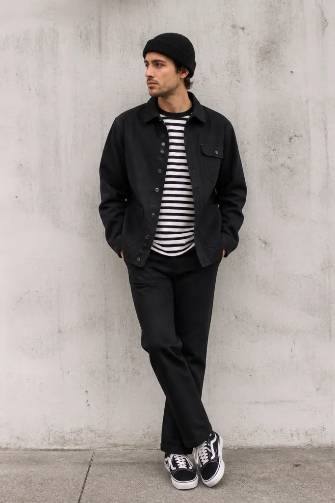 A man in a black-and-white striped long-sleeve shirt, a black workwear jacket with utility pockets, and straight black jeans, with a beanie and black-and-white skate shoes.