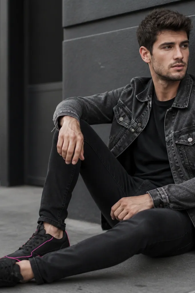 A man wearing a plain black tee and a washed denim jacket, styled with sneakers that have a neon green or neon pink edge detailing; everything else is black/gray.