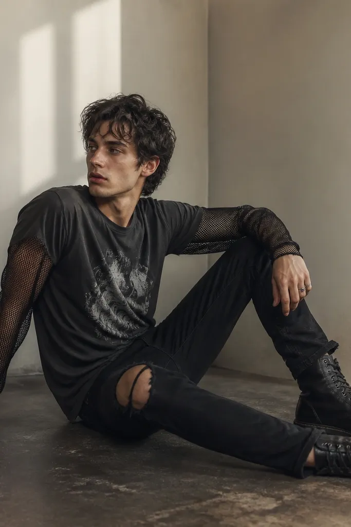 A man wearing a distressed band tee in charcoal with faded print, a black mesh long-sleeve worn as an overlay, and black ripped jeans with minimal fraying, finished with combat boots.