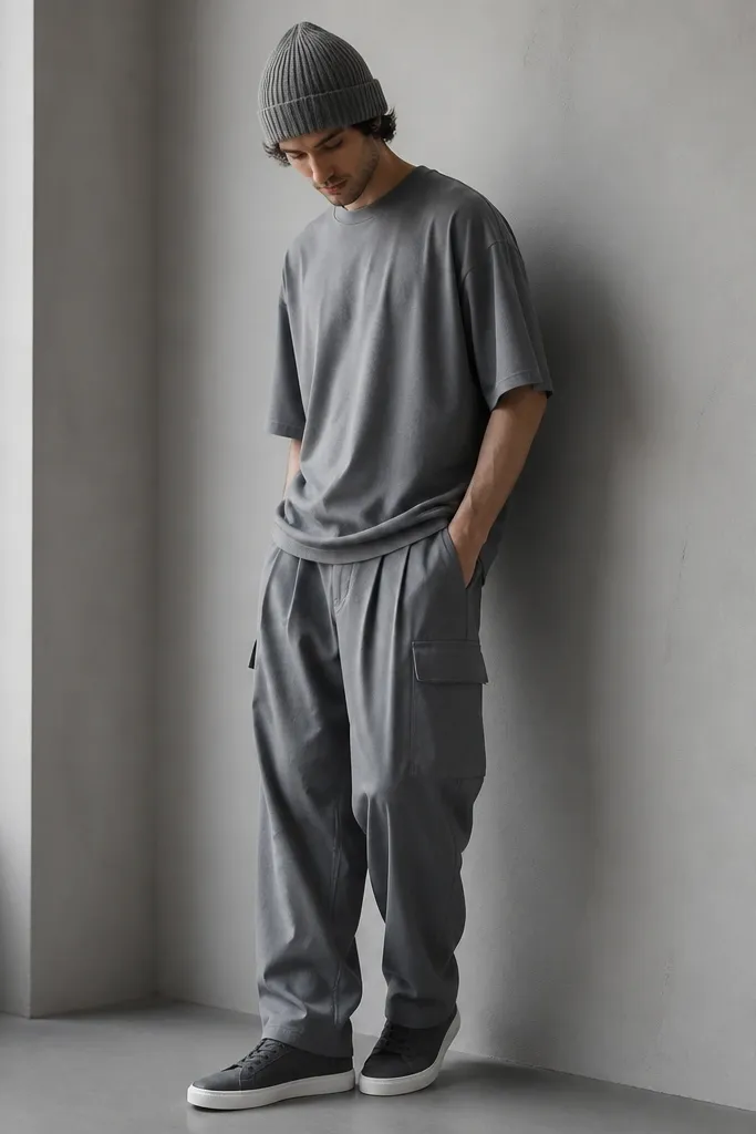 A man in monochrome gray: an oversized tee, pleated gray cargo trousers with a slightly tapered leg, and a ribbed beanie; the sneakers are dark gray with white soles.