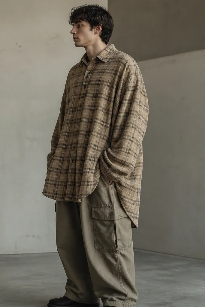 A man wearing a very long, billowy tan flannel that extends past his hips over baggy cargo pants; the sleeves are overly long and cover part of his hands.
