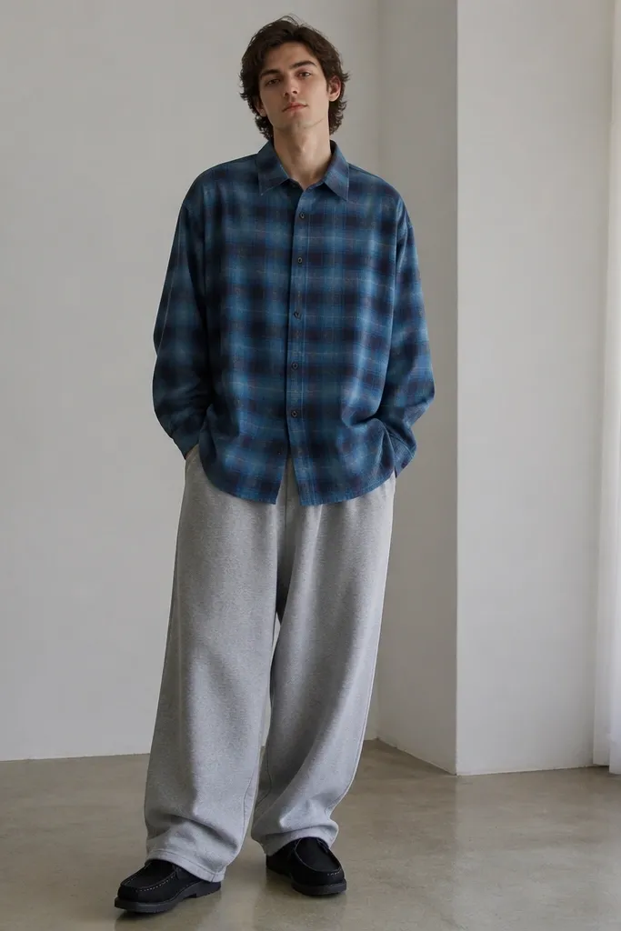 A man in a blue flannel shirt worn fully untucked over very loose sweatpants; the outfit looks boxy with no waist definition.