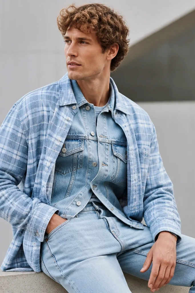 A man wears a light-blue flannel shirt over a light-blue denim jacket with matching light jeans; all pieces are similar color and intensity.