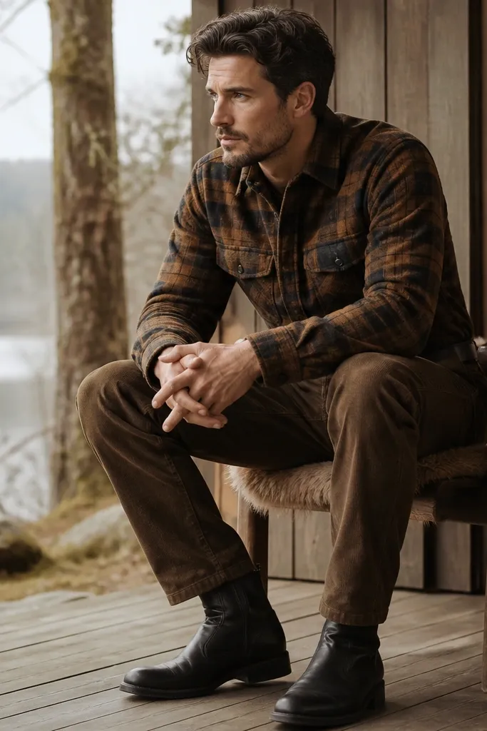 A man wears brown plaid flannel with black boots and a black belt; the footwear looks disconnected from the warm flannel tones.