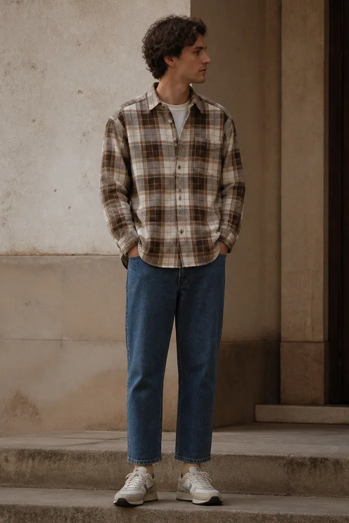 A man wears a flannel with ankle-length socks that barely show above sneakers; the legs look unfinished.