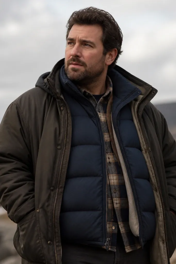 A man wears a flannel under a thick puffer vest under a heavy jacket; the shoulders look bulky and the torso looks swollen.