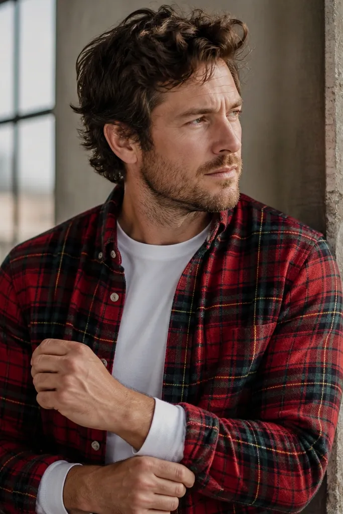 A man wears a bright white crewneck tee under a red-and-green plaid flannel; the white band flashes dramatically at the collar and cuffs.