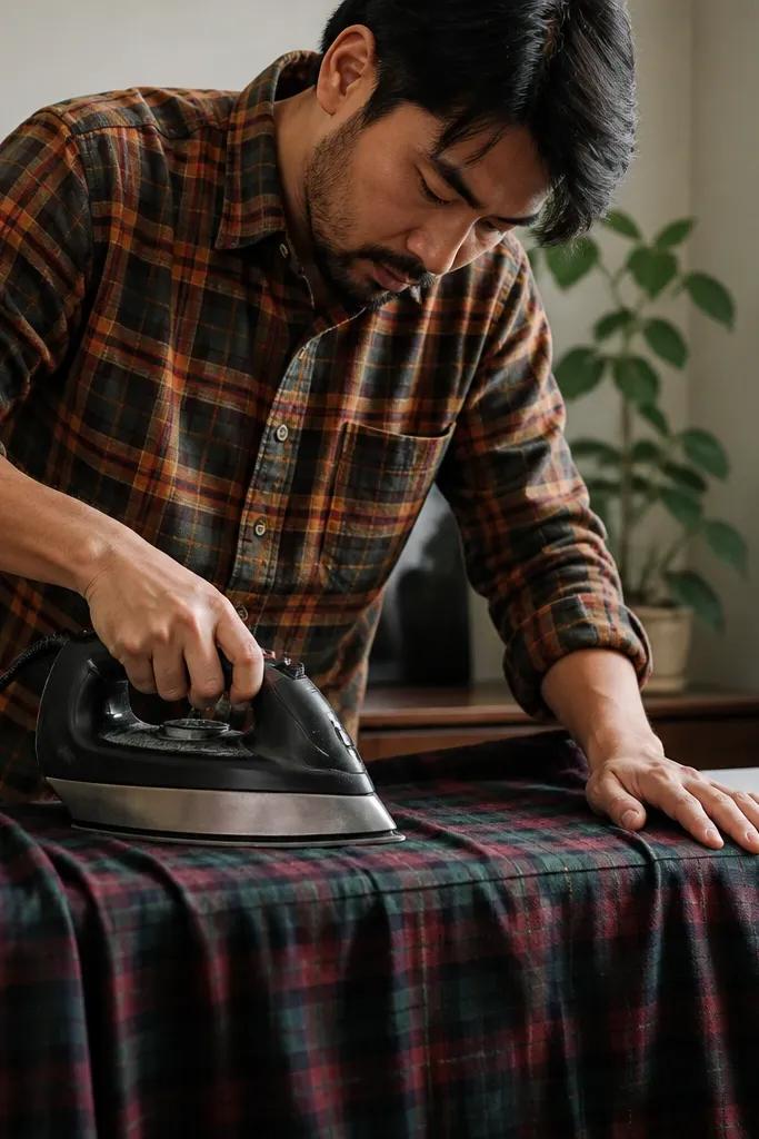 A man presses a flannel with direct high-heat iron; the fabric looks glossy and the plaid texture looks slightly flattened.