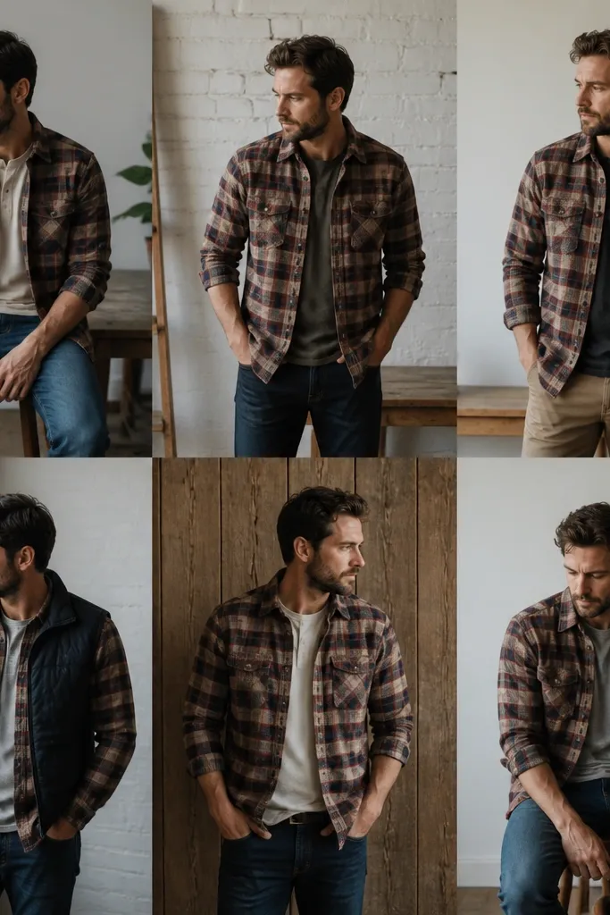 A man repeatedly styles the same plaid flannel with similar colors each time; the outfits look repetitive and “one-note.”
