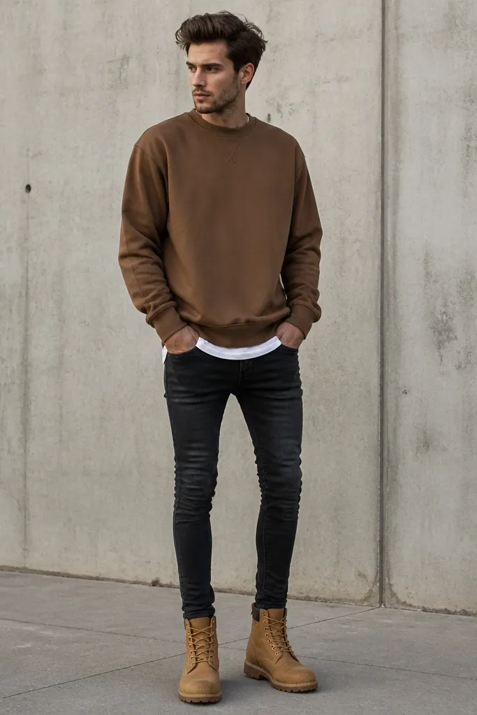 A full-body outfit photo where ultra-skinny jeans are tucked too tightly into Timberland boots, creating a narrow, crushed look at the toe box and instep.