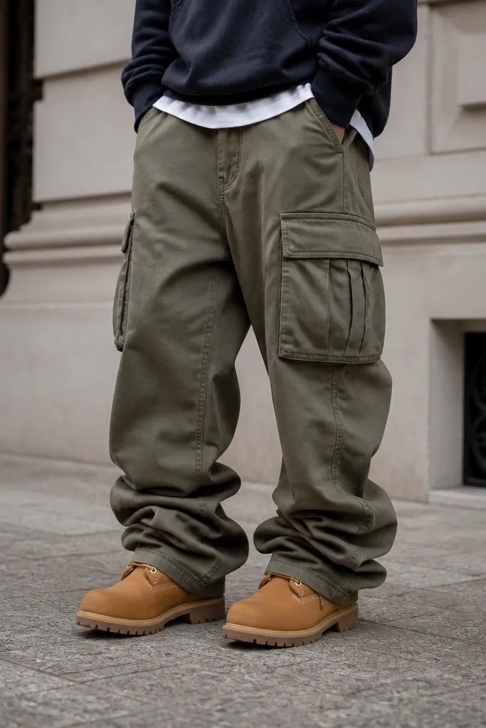 A street-style photo of oversized cargo pants that bunch and pool right above the Timberland boots, with extra fabric draping over the laces.