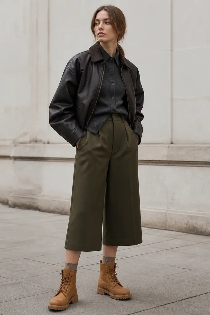 A photo where wide-leg trousers end mid-calf, leaving an awkward gap between the hem and Timberland boots, showing too much boot shaft without connection.