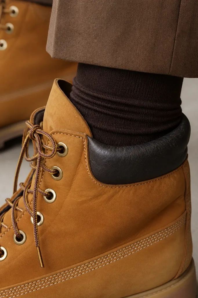 Close-up of Timberland boots paired with thin dress socks; the sock fabric wrinkles around the ankle and creates visible creases at the boot opening.