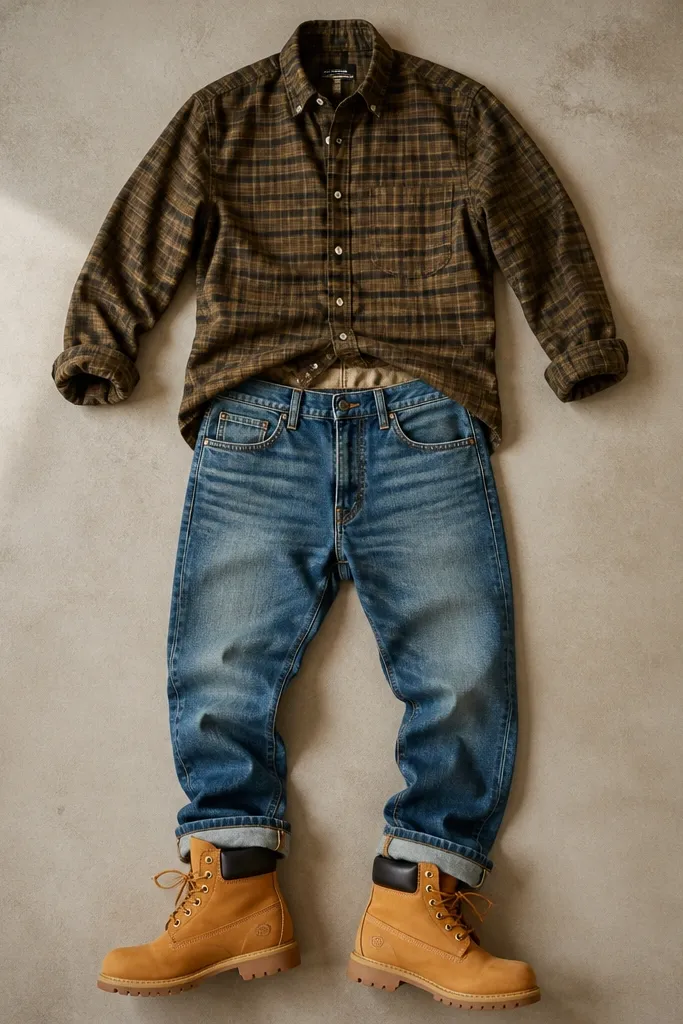 A flat-lay showing a button-up shirt tucked into jeans with Timberland boots, but no belt; the waist looks unfinished and the shirt rides up slightly.