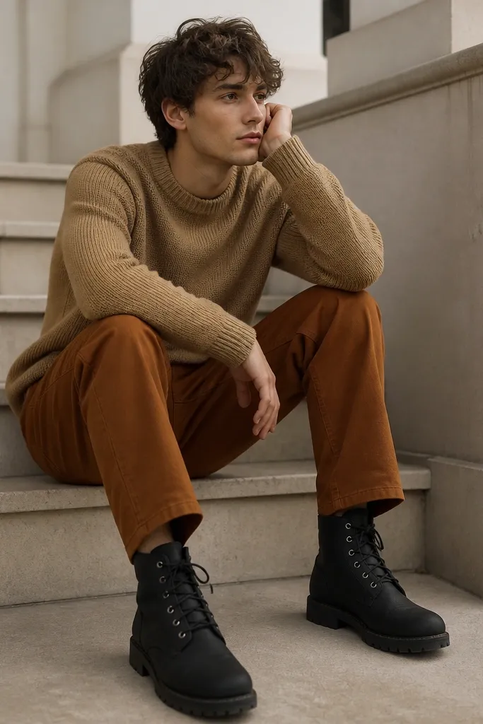 A photo featuring black Timberland boots with a camel sweater and rust-brown pants; the outfit looks mismatched in undertone.