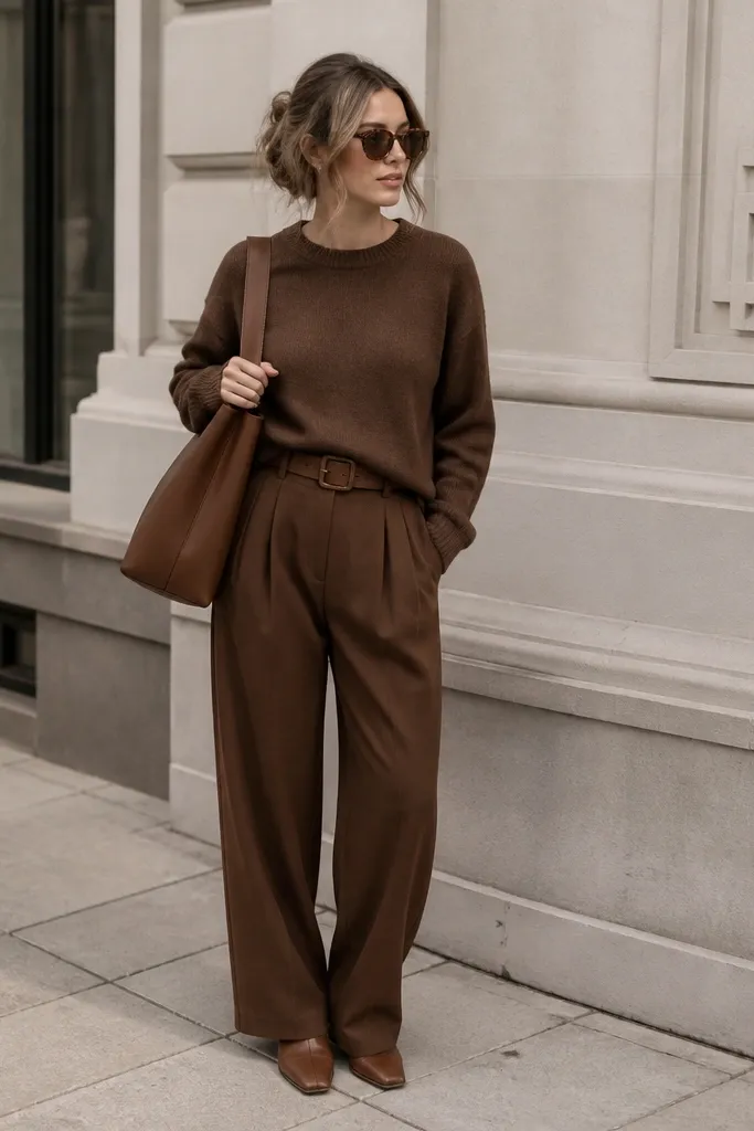 A street look where the bag, boots, and belt are all the same exact brown shade, creating a flat block of one color from head to toe.