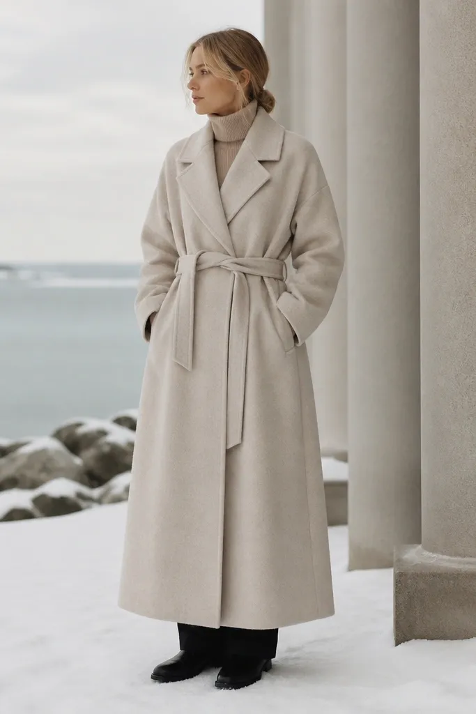 A winter outfit with a long overcoat that reaches mid-calf, hiding the boot shaft and making the feet look disconnected from the outfit.