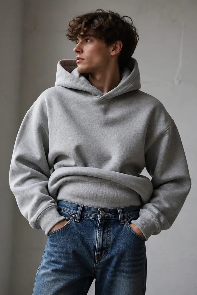 A photo where a bulky hoodie is massively tucked into jeans; the fabric creates a thick fold line near the waist and pulls the denim down.