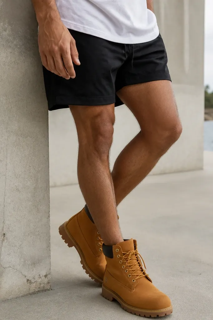 A casual summer shot of Timberland boots with athletic shorts ending mid-thigh, with no socks visible above the boot line.
