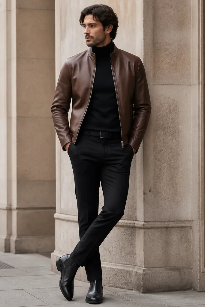 A brown leather jacket layered over a fitted black turtleneck, black chinos, and sleek black Chelsea boots. The jacket is zipped halfway, with a tidy, streamlined look.
