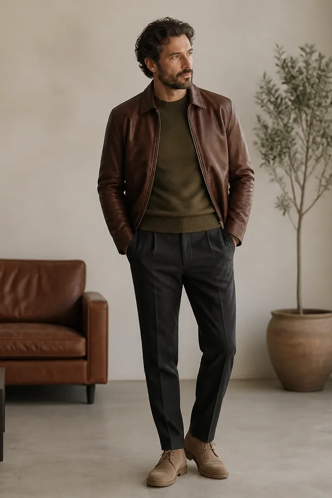 A brown leather jacket worn over an olive crewneck sweater, paired with charcoal tailored trousers and tan suede desert boots. Neutral tones, clean lines.